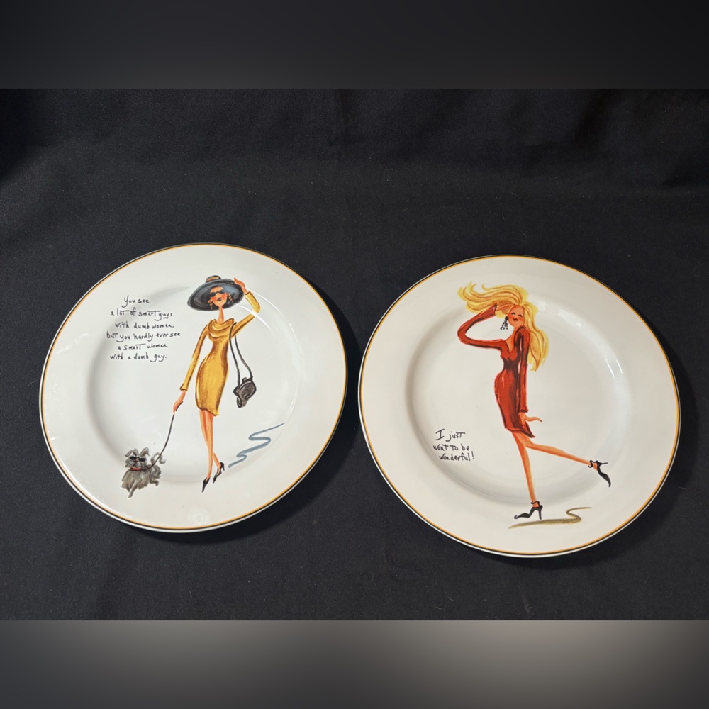 Lot Of 2 Sakura GLAMOUR GIRLS Salad Plates 8 1/4" Ad Lines Stoneware Display